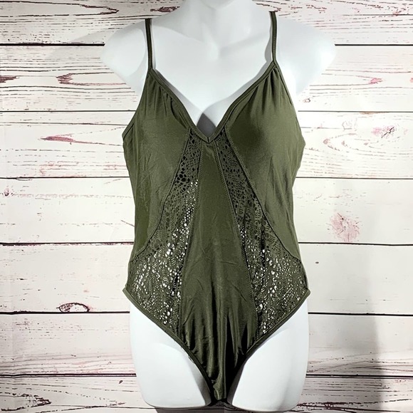 Mossimo Olive Mesh Inset One Piece Swimsuit Large - Picture 2 of 5